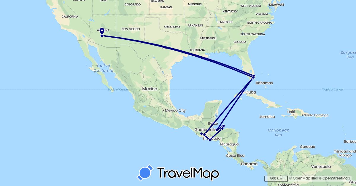 TravelMap itinerary: driving in Guatemala, Honduras, El Salvador, United States (North America)